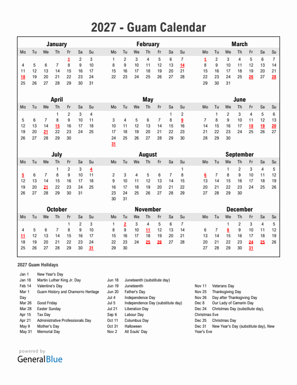 Year 2027 Simple Calendar With Holidays in Guam