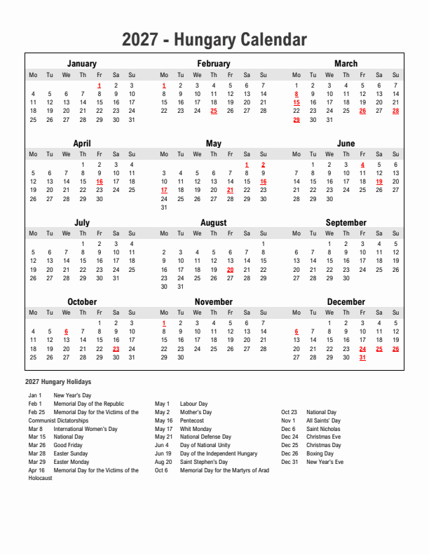 Year 2027 Simple Calendar With Holidays in Hungary