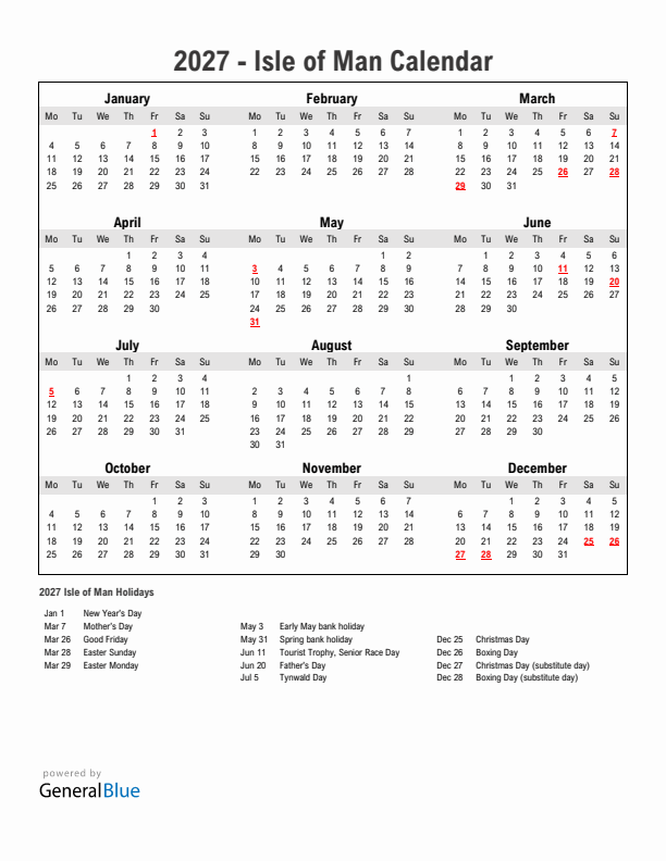 Year 2027 Simple Calendar With Holidays in Isle of Man