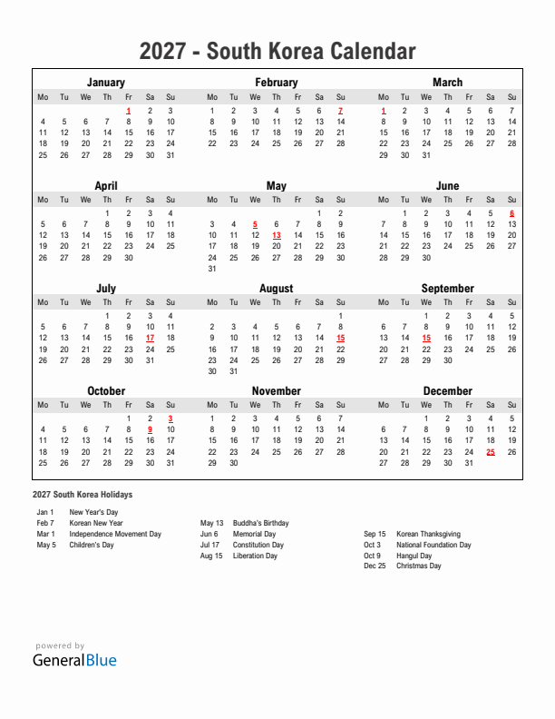 Year 2027 Simple Calendar With Holidays in South Korea