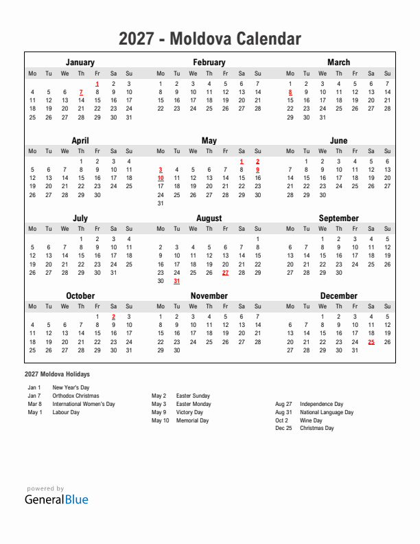 Year 2027 Simple Calendar With Holidays in Moldova