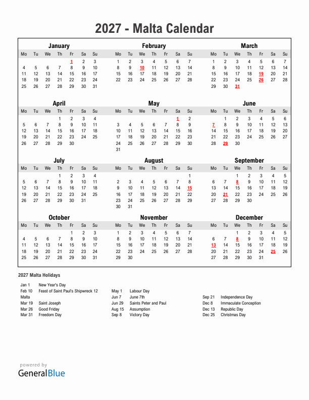 Year 2027 Simple Calendar With Holidays in Malta