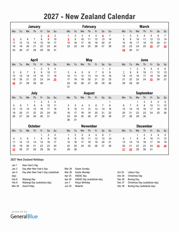 Year 2027 Simple Calendar With Holidays in New Zealand