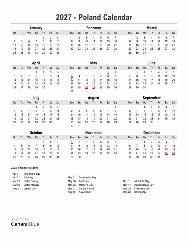 Year 2027 Simple Calendar With Holidays in Poland