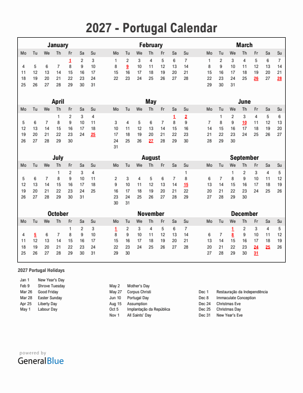 Year 2027 Simple Calendar With Holidays in Portugal