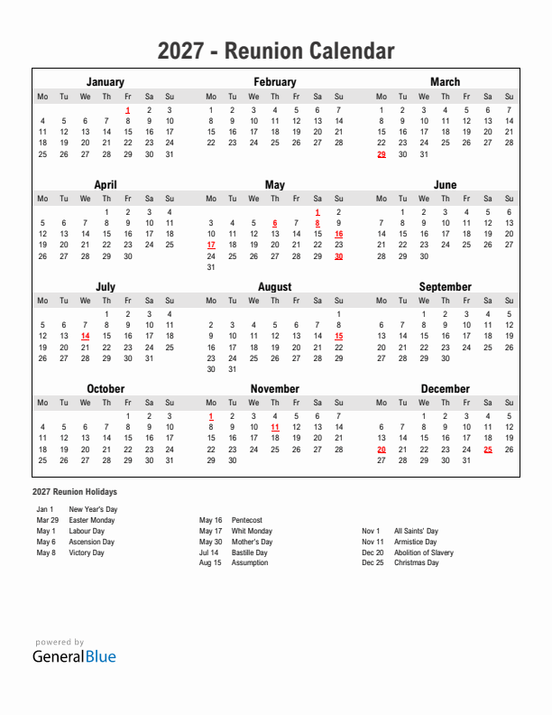 Year 2027 Simple Calendar With Holidays in Reunion