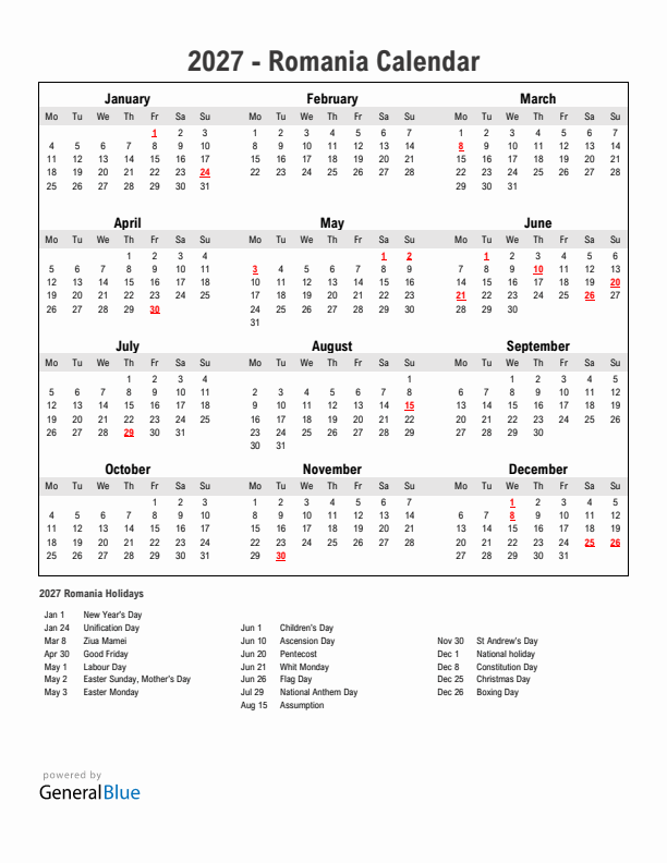 Year 2027 Simple Calendar With Holidays in Romania