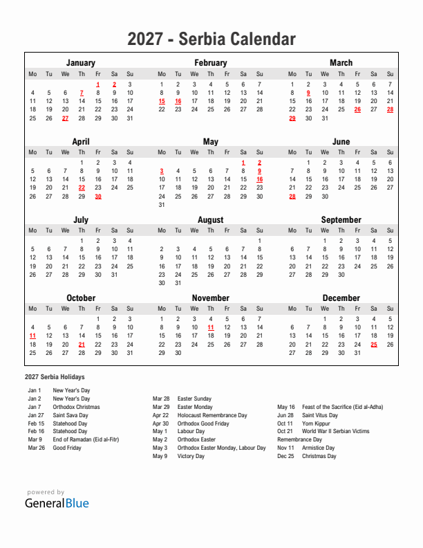 Year 2027 Simple Calendar With Holidays in Serbia