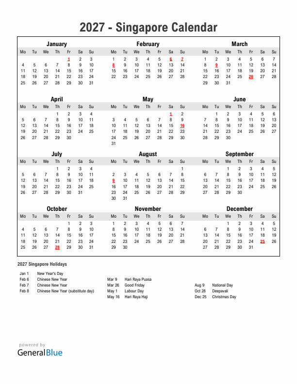 Year 2027 Simple Calendar With Holidays in Singapore