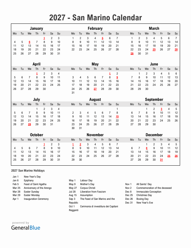 Year 2027 Simple Calendar With Holidays in San Marino