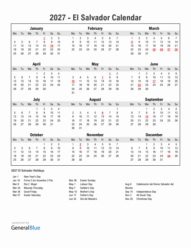 Year 2027 Simple Calendar With Holidays in El Salvador