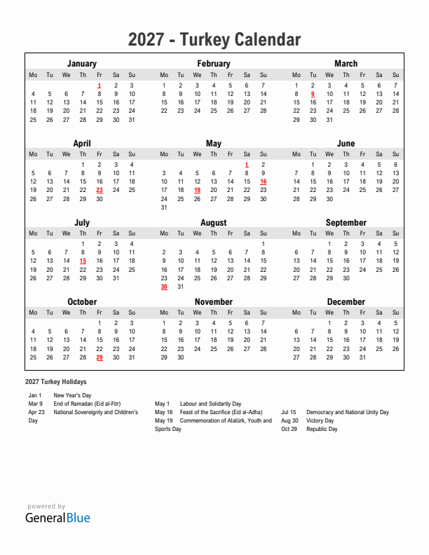 Year 2027 Simple Calendar With Holidays in Turkey