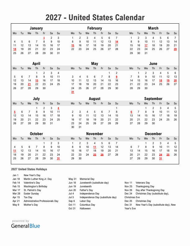 Year 2027 Simple Calendar With Holidays in United States