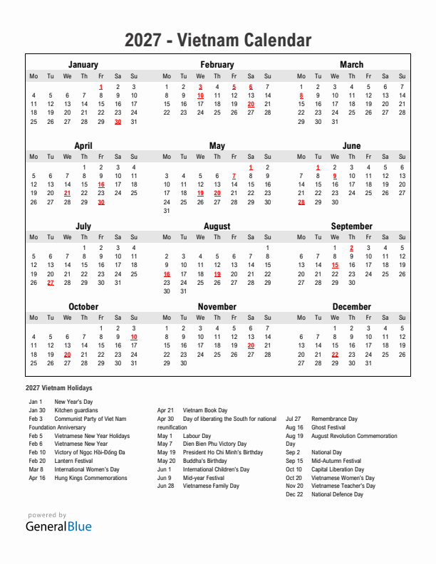 Year 2027 Simple Calendar With Holidays in Vietnam