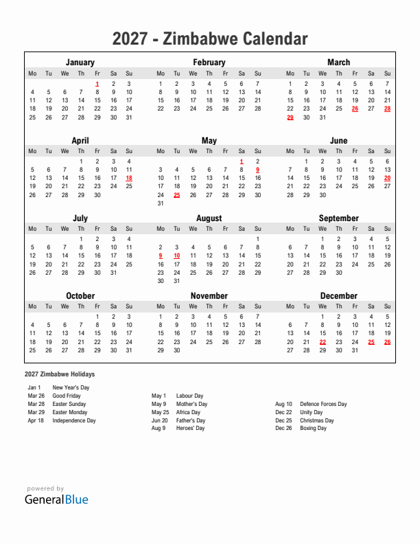 Year 2027 Simple Calendar With Holidays in Zimbabwe