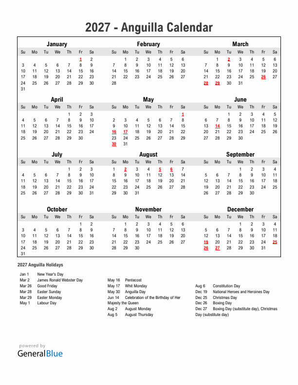 Year 2027 Simple Calendar With Holidays in Anguilla