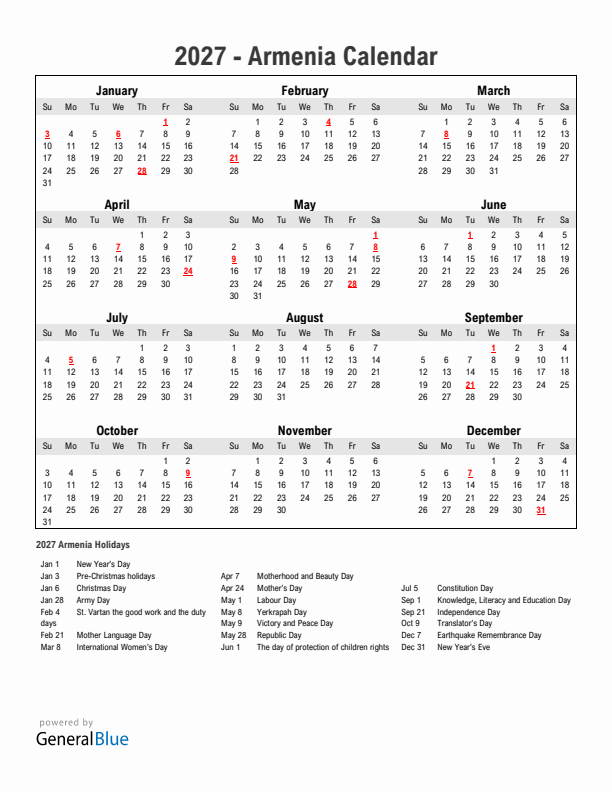 Year 2027 Simple Calendar With Holidays in Armenia