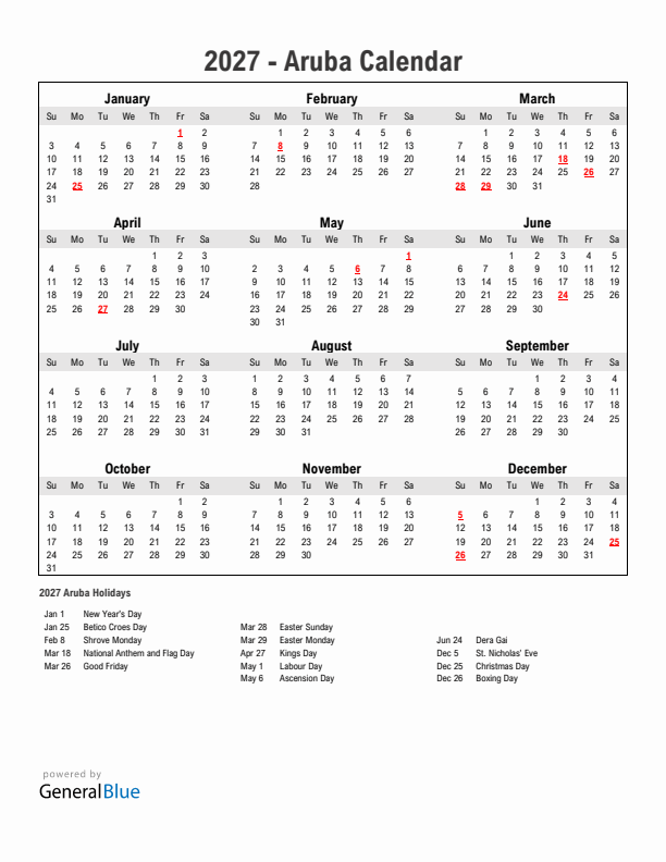 Year 2027 Simple Calendar With Holidays in Aruba