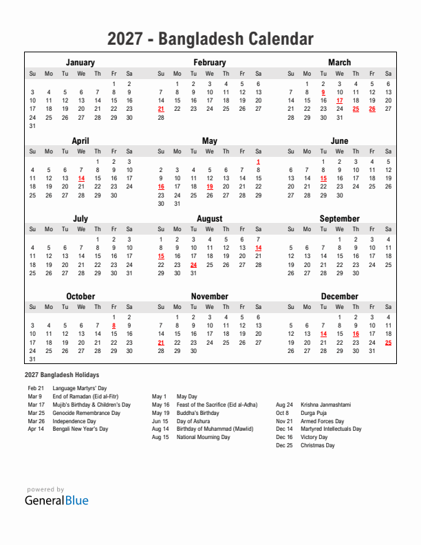 Year 2027 Simple Calendar With Holidays in Bangladesh