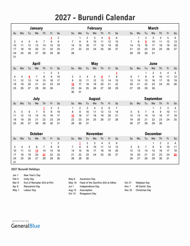 Year 2027 Simple Calendar With Holidays in Burundi