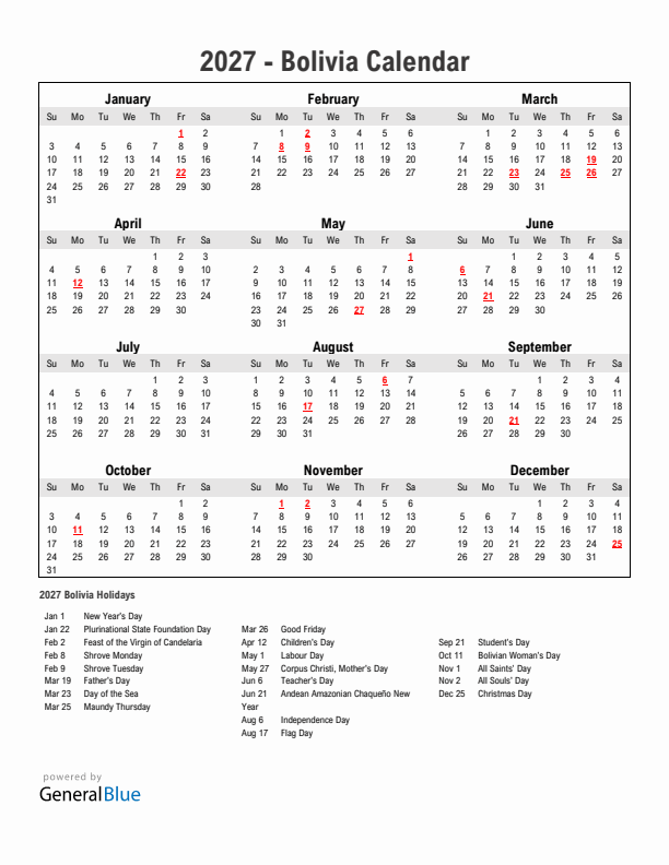 Year 2027 Simple Calendar With Holidays in Bolivia