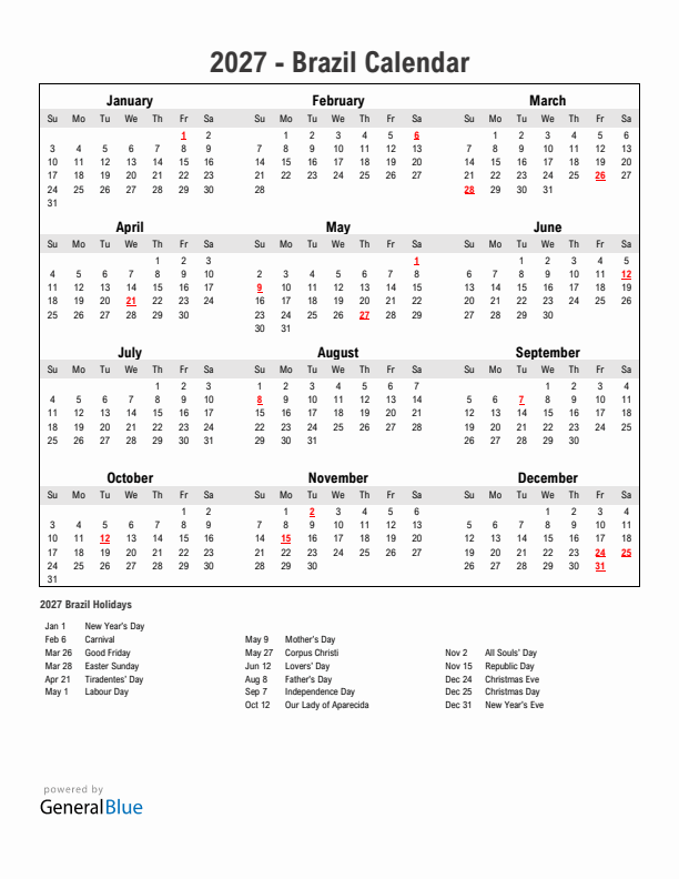 Year 2027 Simple Calendar With Holidays in Brazil