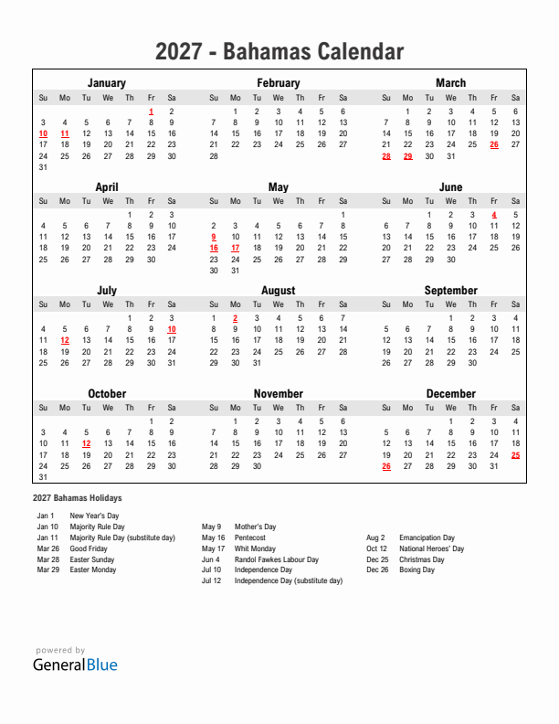 Year 2027 Simple Calendar With Holidays in Bahamas