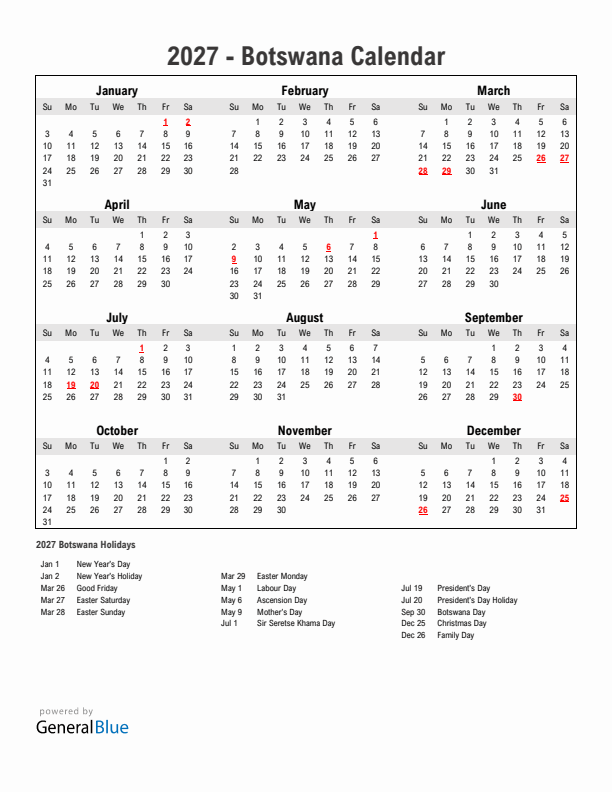 Year 2027 Simple Calendar With Holidays in Botswana