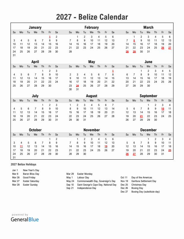 Year 2027 Simple Calendar With Holidays in Belize