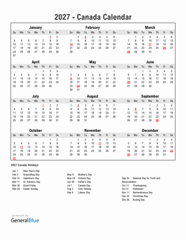 Year 2027 Simple Calendar With Holidays in Canada