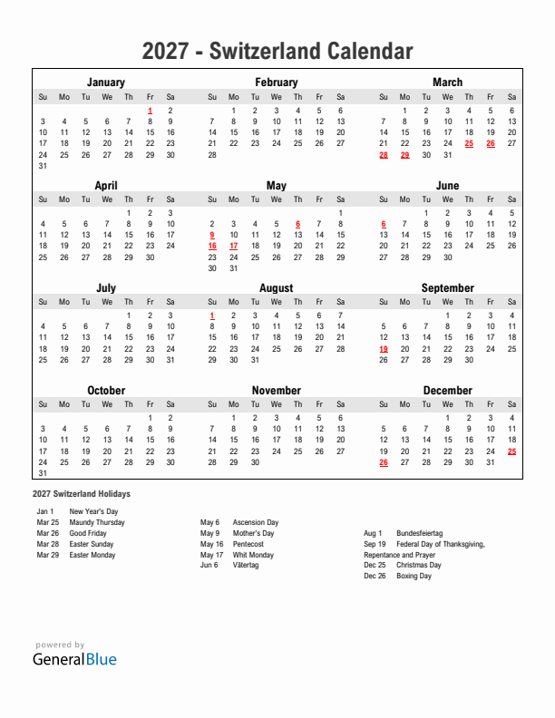 Year 2027 Simple Calendar With Holidays in Switzerland