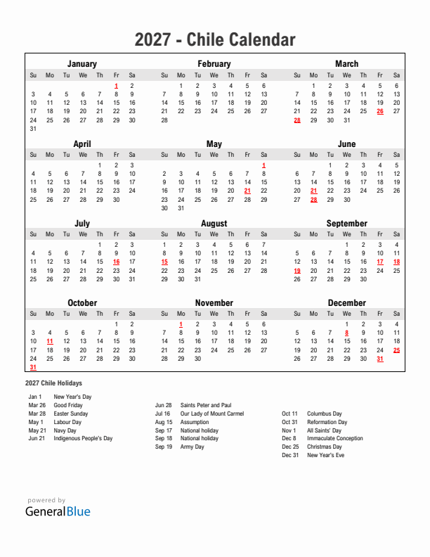 Year 2027 Simple Calendar With Holidays in Chile