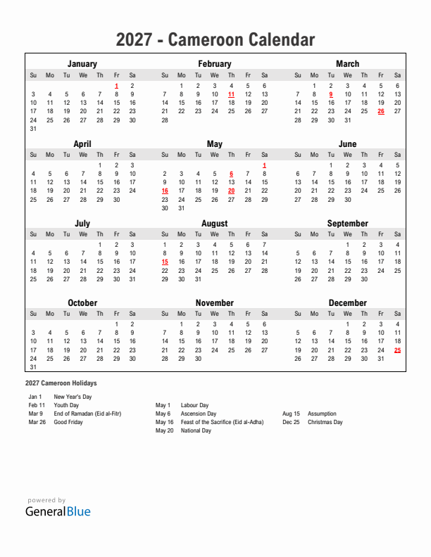 Year 2027 Simple Calendar With Holidays in Cameroon