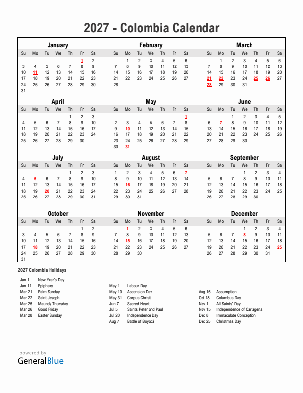 Year 2027 Simple Calendar With Holidays in Colombia