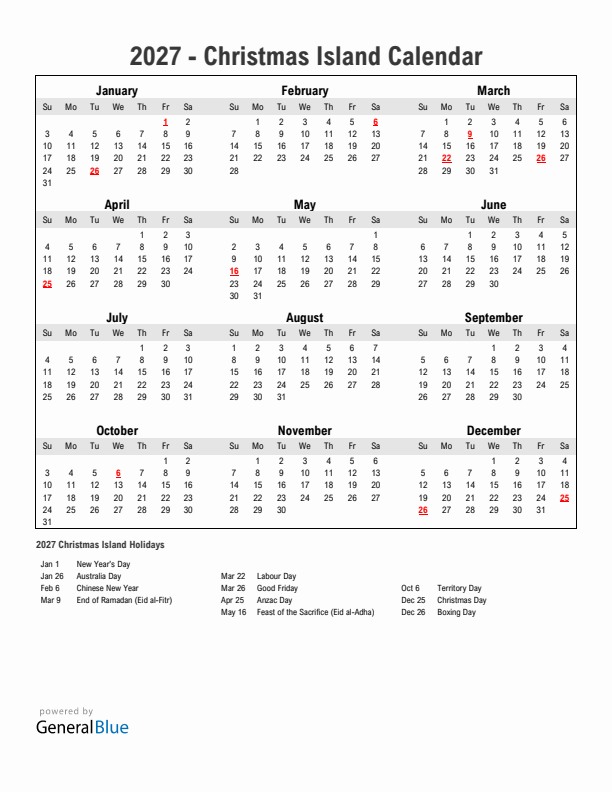 Year 2027 Simple Calendar With Holidays in Christmas Island