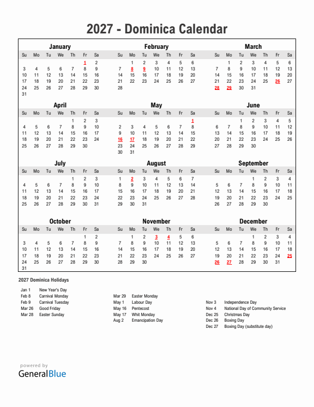 Year 2027 Simple Calendar With Holidays in Dominica