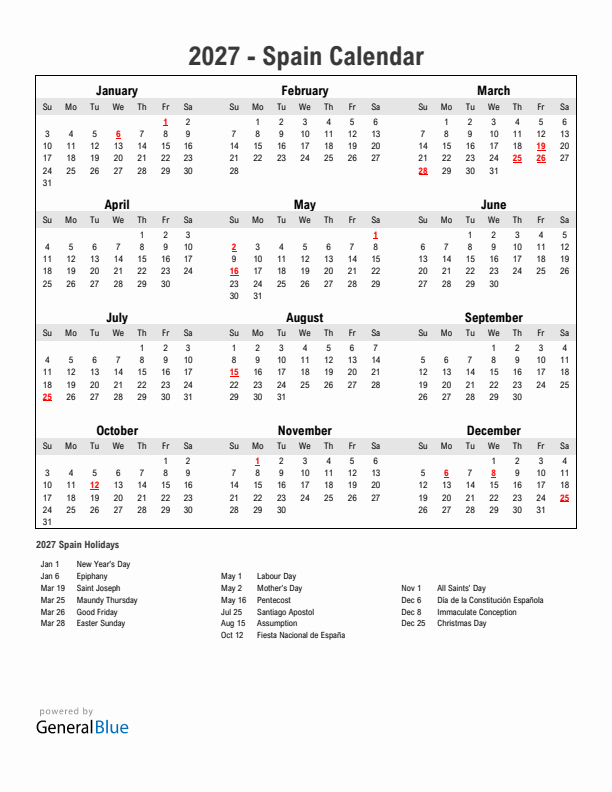 Year 2027 Simple Calendar With Holidays in Spain