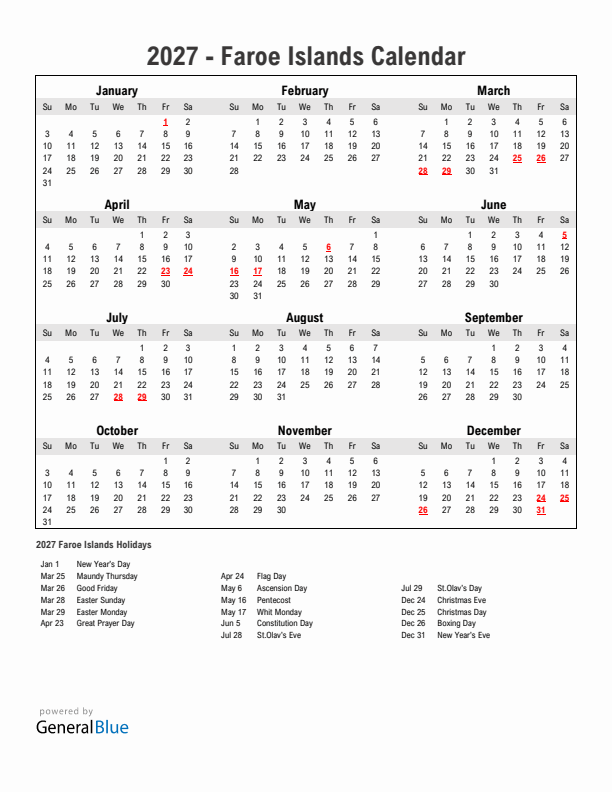 Year 2027 Simple Calendar With Holidays in Faroe Islands