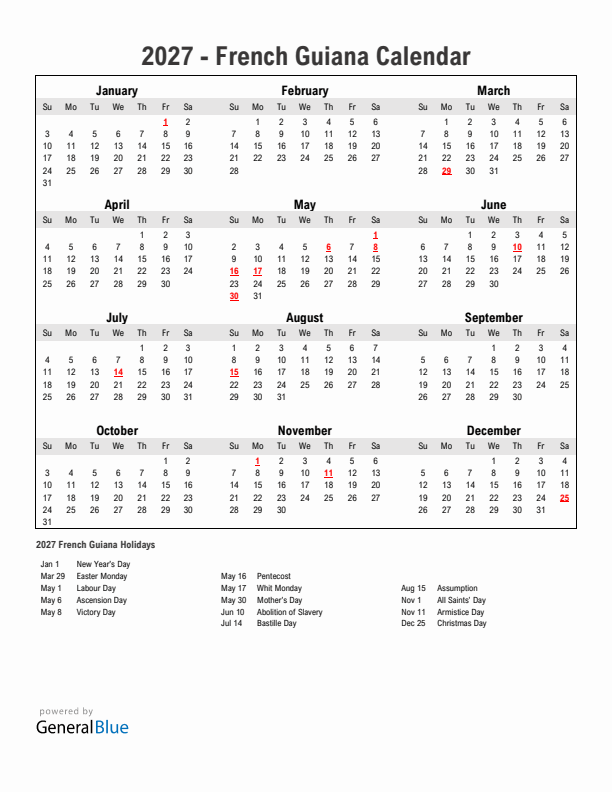 Year 2027 Simple Calendar With Holidays in French Guiana