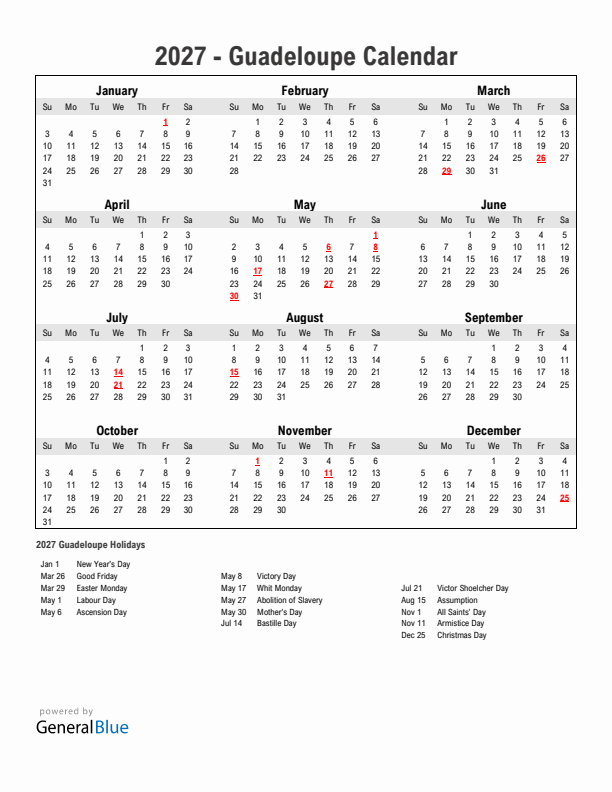 Year 2027 Simple Calendar With Holidays in Guadeloupe