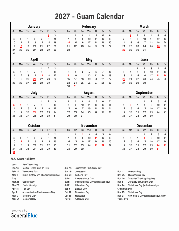 Year 2027 Simple Calendar With Holidays in Guam