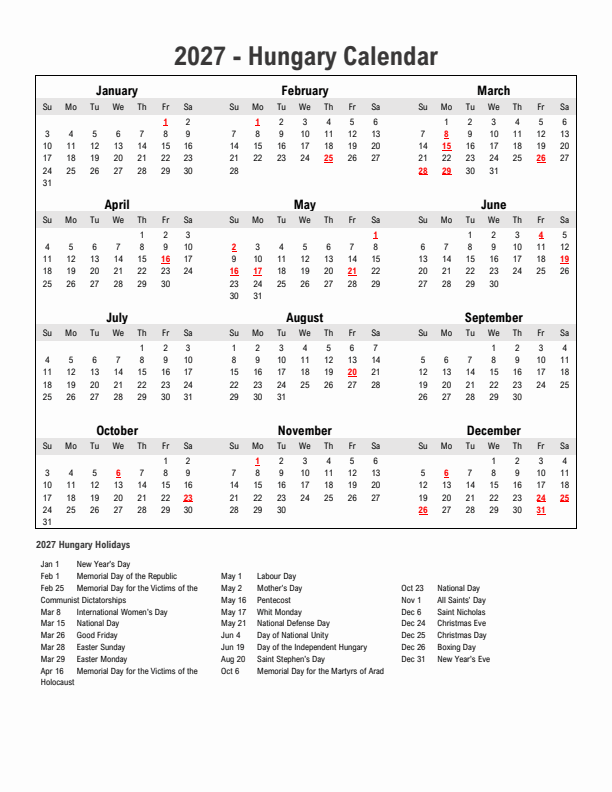 Year 2027 Simple Calendar With Holidays in Hungary