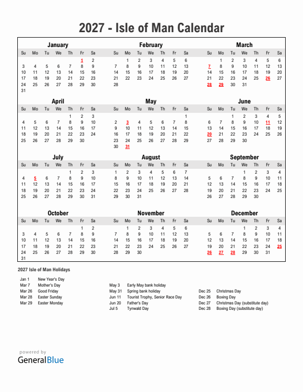 Year 2027 Simple Calendar With Holidays in Isle of Man