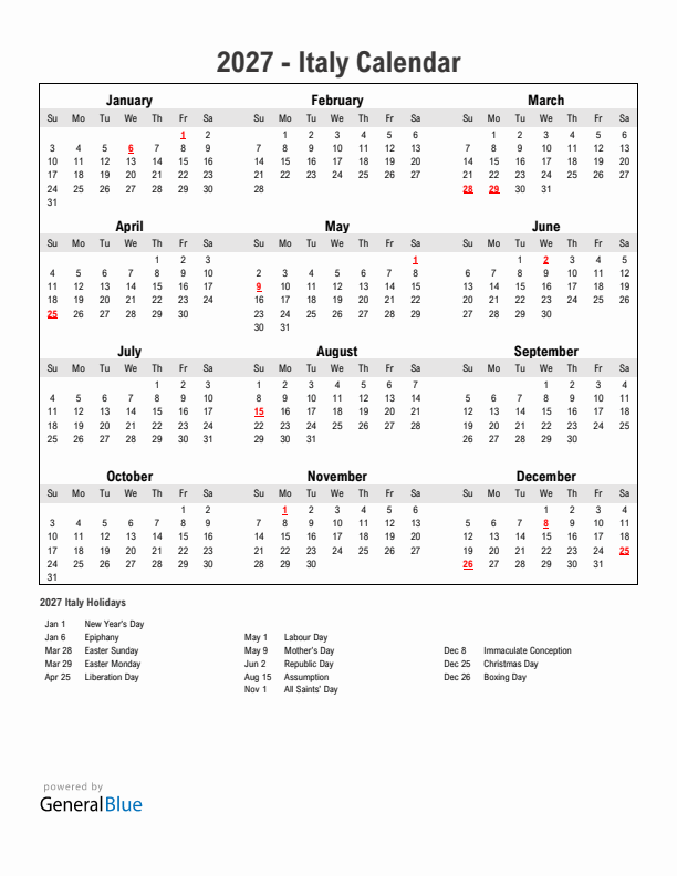 Year 2027 Simple Calendar With Holidays in Italy