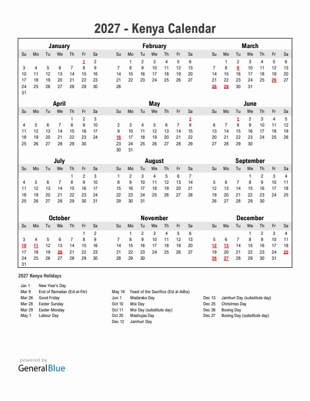 Year 2027 Simple Calendar With Holidays in Kenya