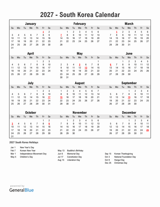 Year 2027 Simple Calendar With Holidays in South Korea