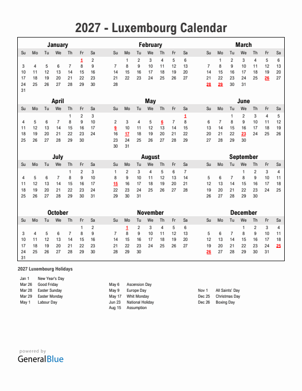 Year 2027 Simple Calendar With Holidays in Luxembourg