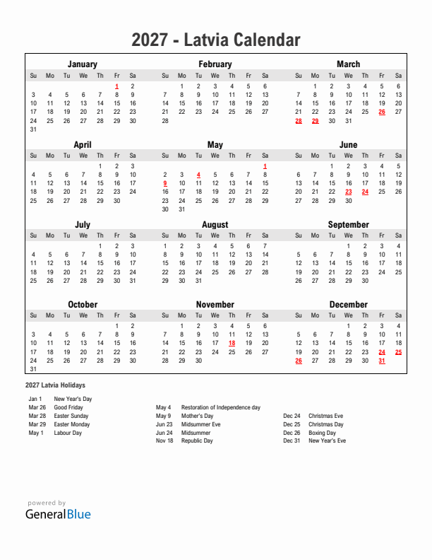 Year 2027 Simple Calendar With Holidays in Latvia