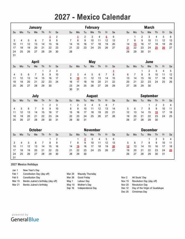 Year 2027 Simple Calendar With Holidays in Mexico