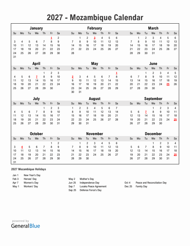 Year 2027 Simple Calendar With Holidays in Mozambique